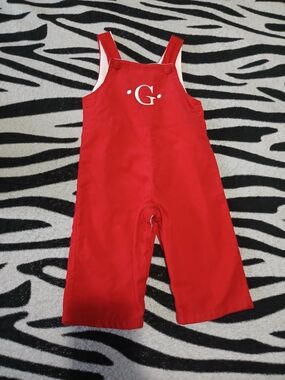 Red Kids Overalls with White 'G' Monogram